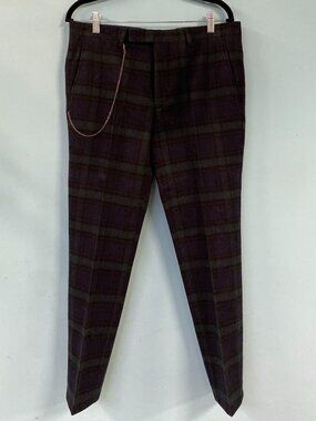 Twisted Tailor Plaid Wool Blend Pants w Chain Detail Navy Green Slim Fit 30